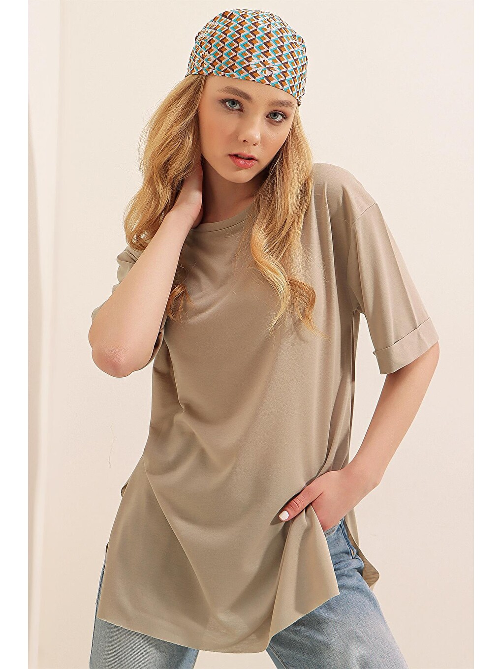 Bej 4123 Yırtmaçlı Oversize Tişört - Vizon