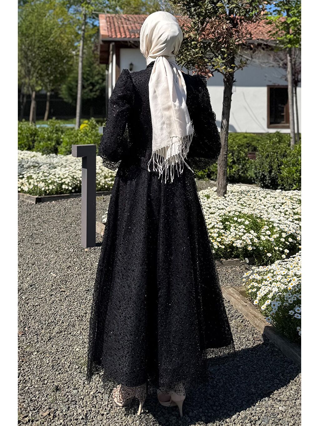 Siyah Kadın Tüllü Pul Payet Boncuk İşlemeli Tesettür Abiye-6