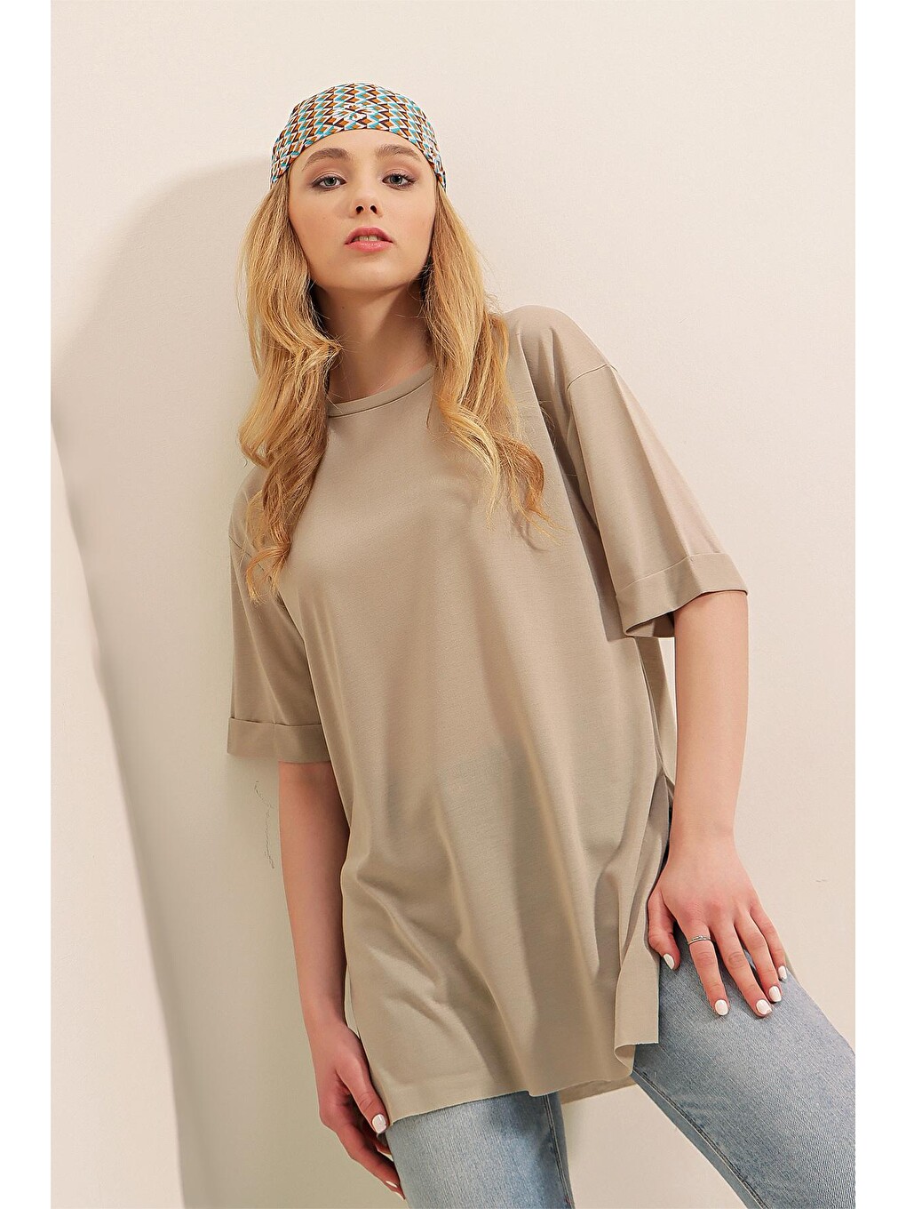 Bej 4123 Yırtmaçlı Oversize Tişört - Vizon-1