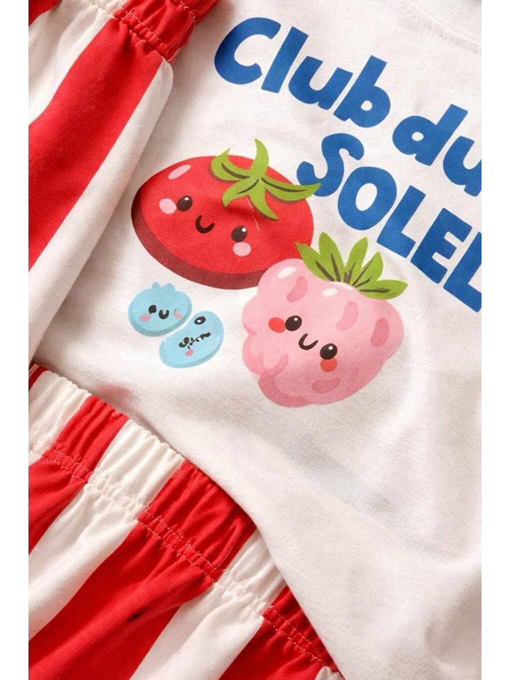 Lila Kız Çocuk Pamuklu Ekru Meyve Baskılı T-Shirt Ve Kırmızı Çizgili Şort Alt Üst Takım-2