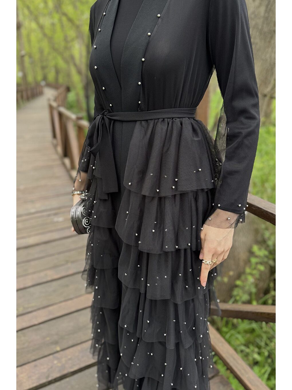 Siyah Kadın Tüllü İnci İşlemeli Bel Kuşak Detaylı İkili Abiye Takım-5