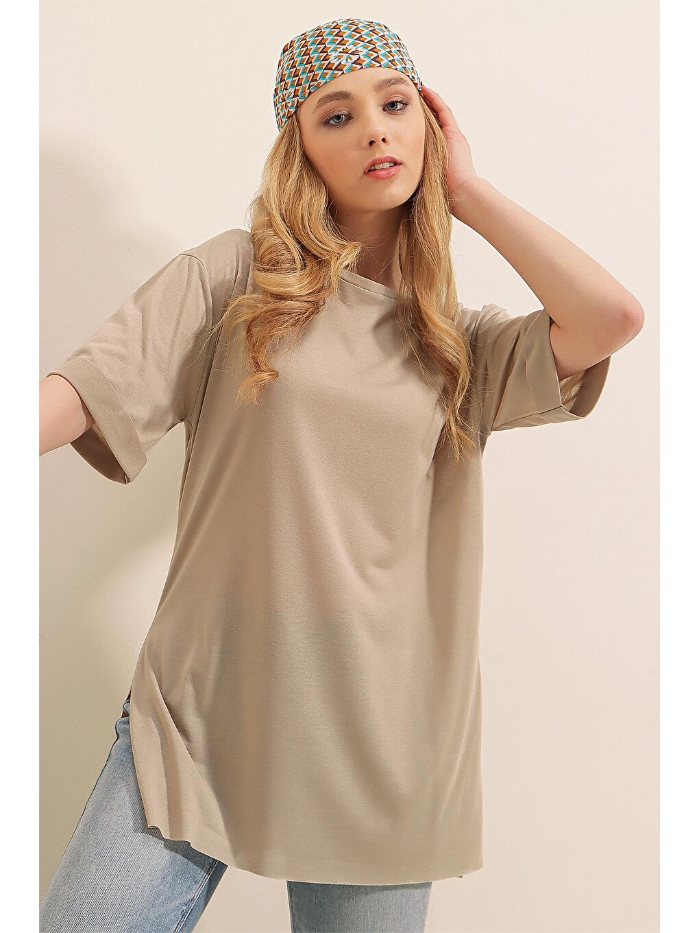 Bej 4123 Yırtmaçlı Oversize Tişört - Vizon-2
