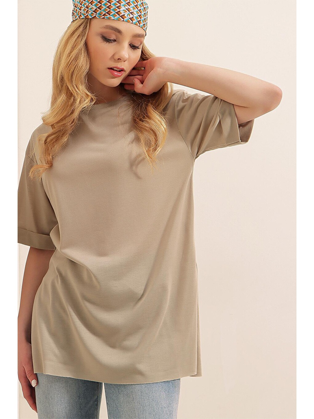 Bej 4123 Yırtmaçlı Oversize Tişört - Vizon-3