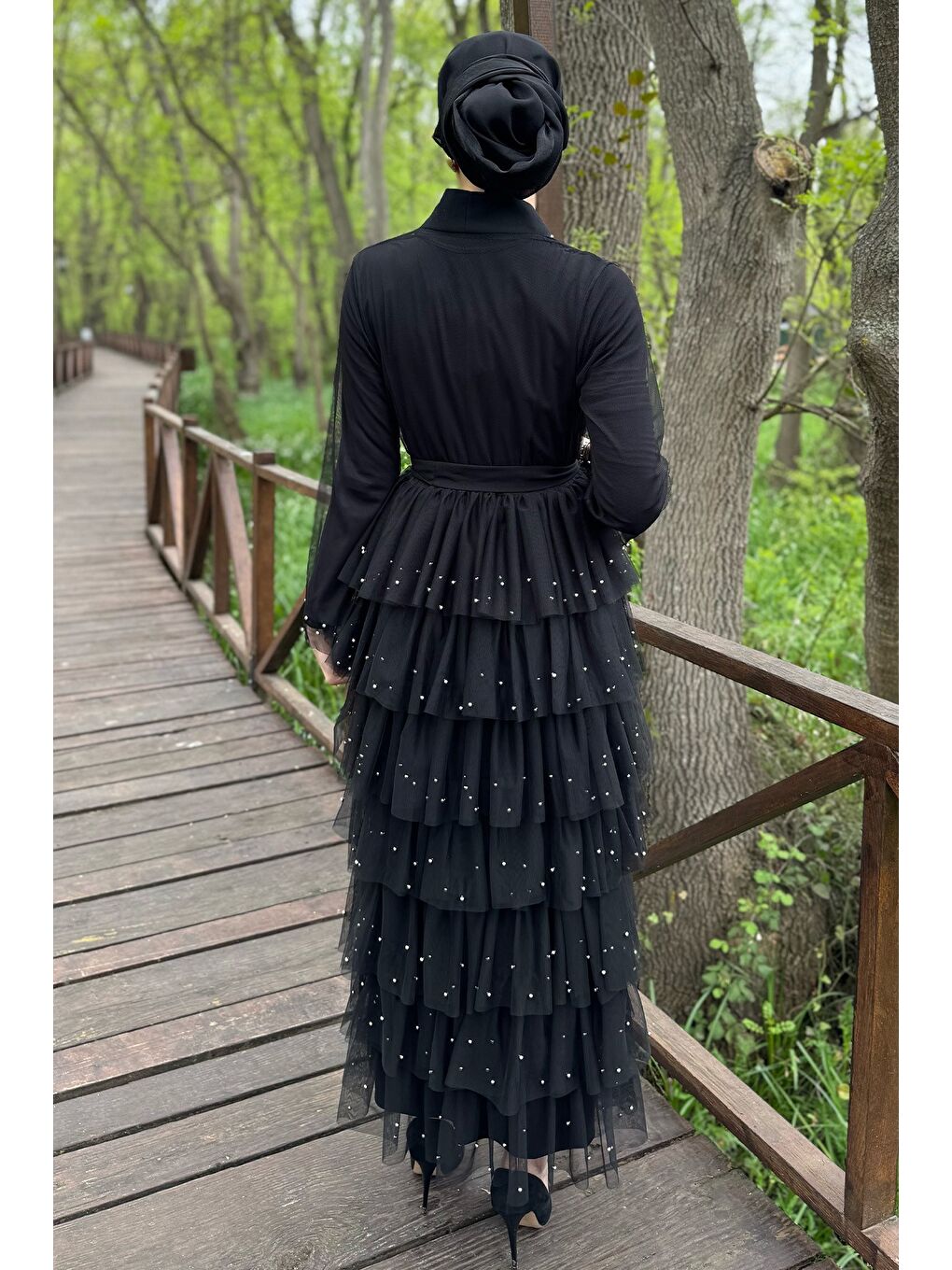 Siyah Kadın Tüllü İnci İşlemeli Bel Kuşak Detaylı İkili Abiye Takım-6