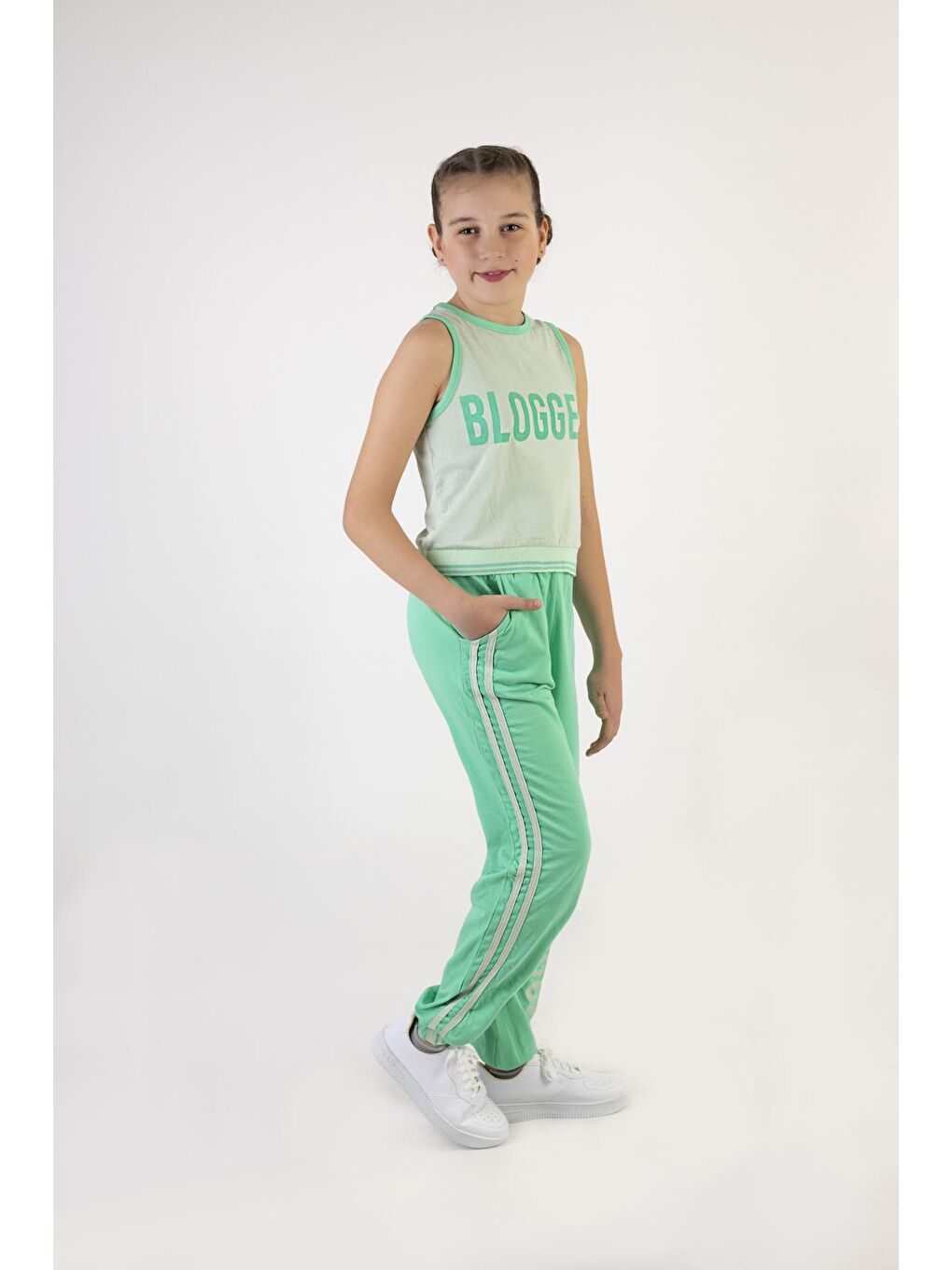 Harika KIDS Yeşil Kız Çocuk Crop Model Alt-Üst Takım-10-13 Yaş