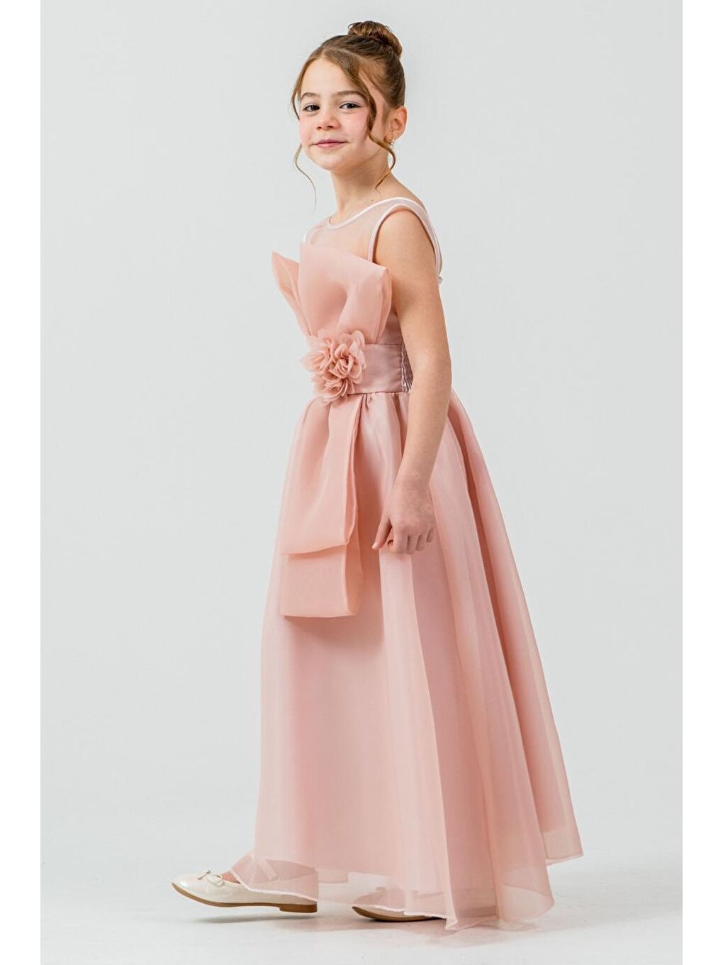 Pembe Kız Çocuk Organze Tül Çiçek ve Fiyonk Detaylı Gipe Sırtlı Prenses Abiye Elbise M00800-1