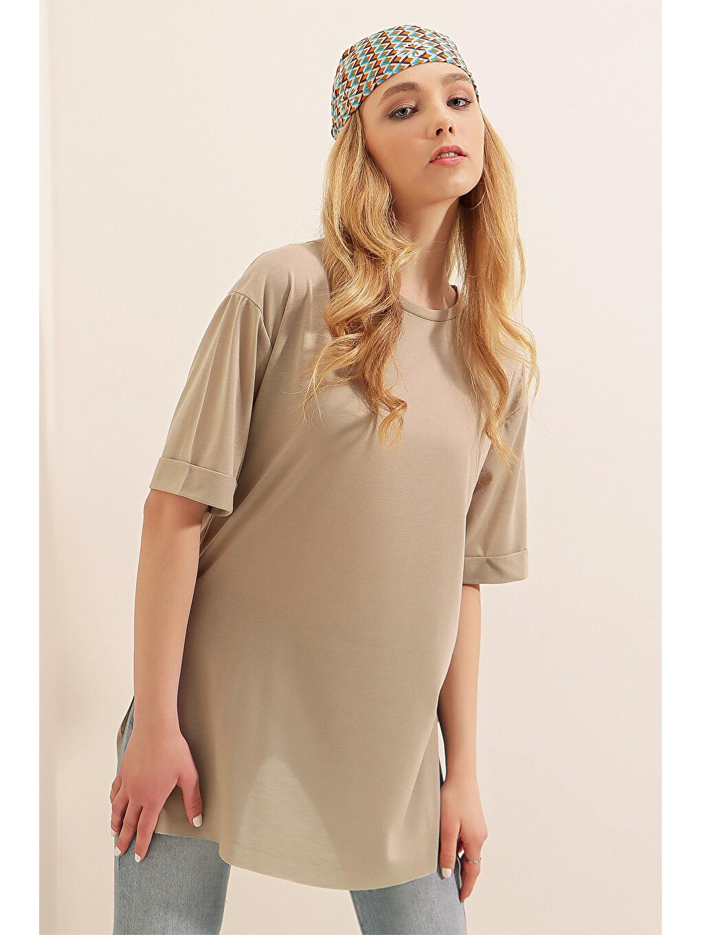 Bej 4123 Yırtmaçlı Oversize Tişört - Vizon-4