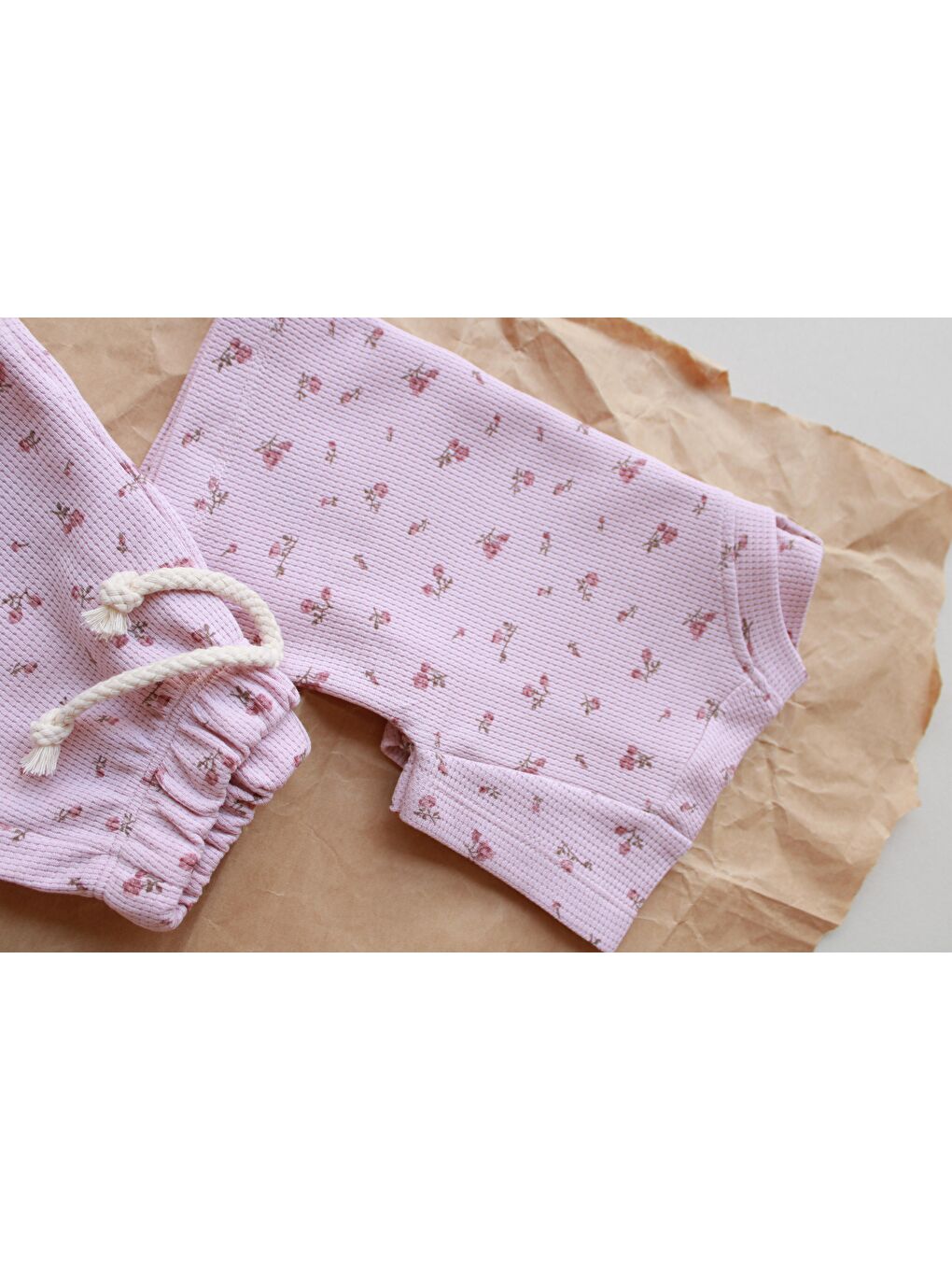 Pembe Çiçek Baskılı Waffle Şort Takım-8