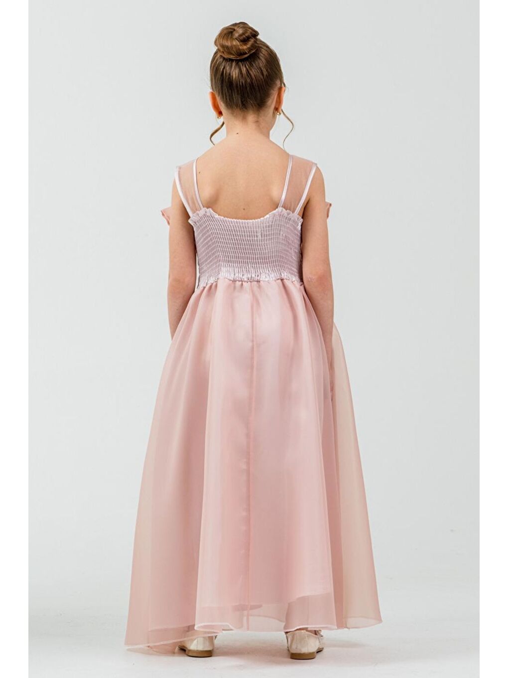 Pembe Kız Çocuk Organze Tül Çiçek ve Fiyonk Detaylı Gipe Sırtlı Prenses Abiye Elbise M00800-2