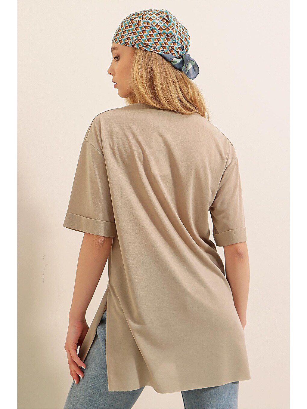 Bej 4123 Yırtmaçlı Oversize Tişört - Vizon-5