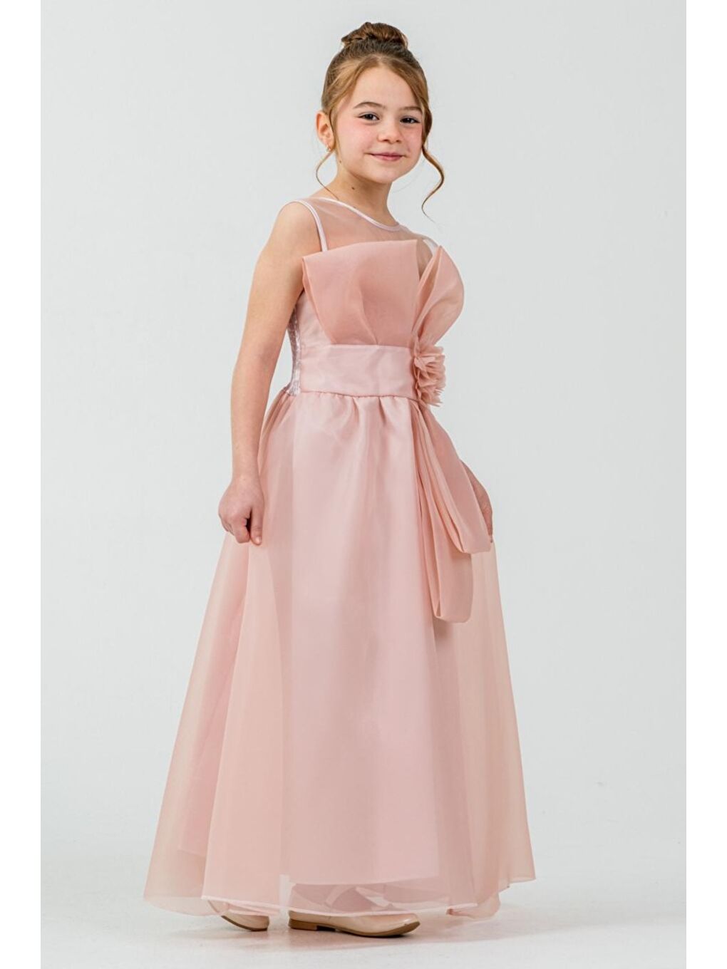 Pembe Kız Çocuk Organze Tül Çiçek ve Fiyonk Detaylı Gipe Sırtlı Prenses Abiye Elbise M00800-3