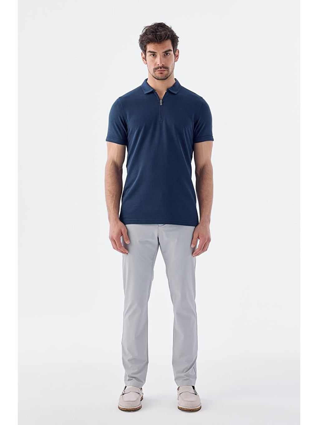 İndigo Fermuarlı Slim Fit Polo Yaka T-Shirt-1