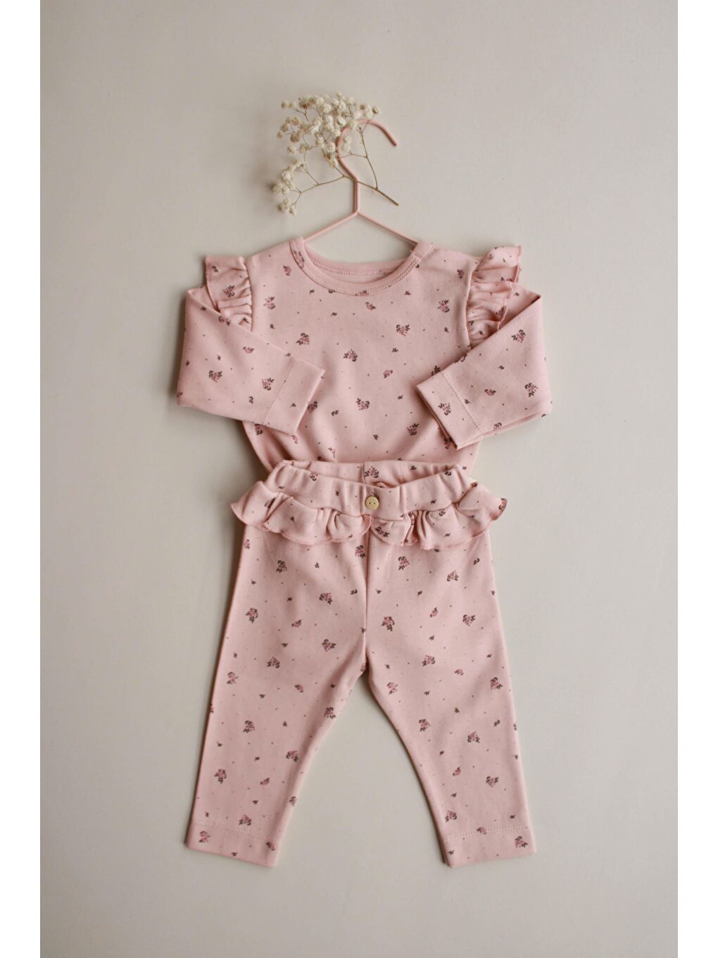 Bej Gül Baskılı Fırfırlı Body Tayt Takım