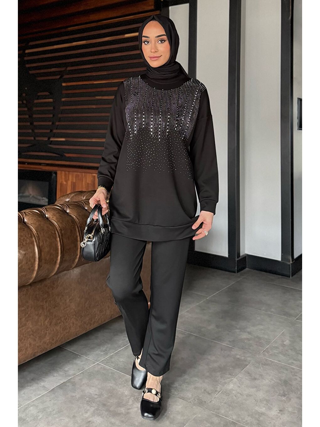 Siyah Büyük Beden Taşlı Tesettür Tunik Pantolon İkili Takım-2