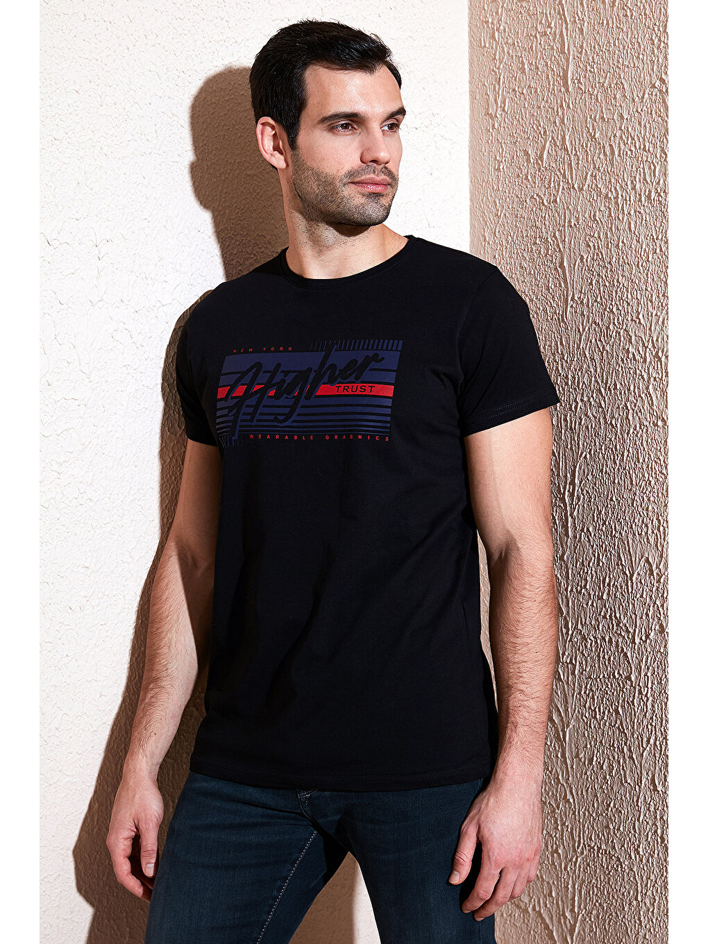 Siyah Pamuklu Slim Fit Bisiklet Yaka Baskılı %100 Pamuk Tişört 541HIGHER