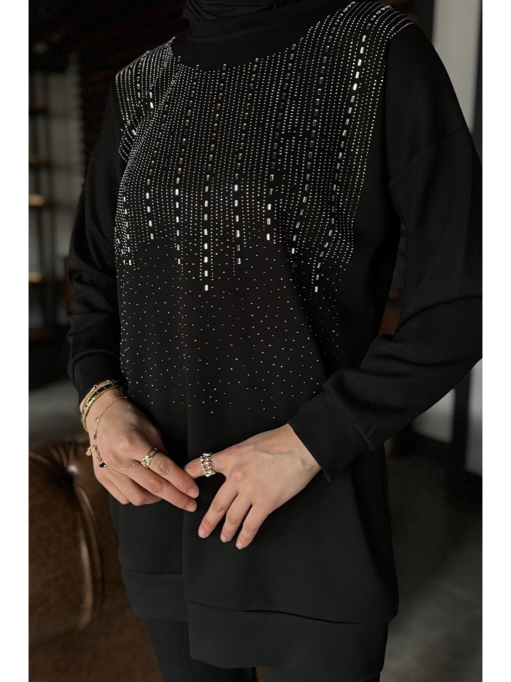 Siyah Büyük Beden Taşlı Tesettür Tunik Pantolon İkili Takım-5