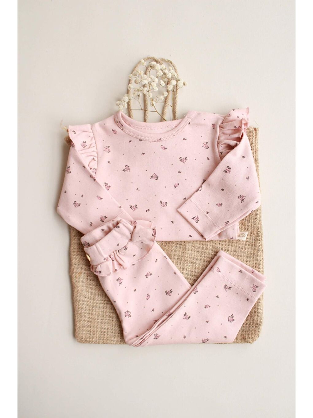 Bej Gül Baskılı Fırfırlı Body Tayt Takım-2