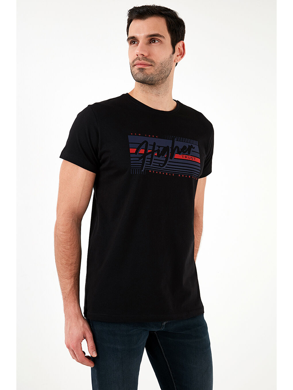 Siyah Pamuklu Slim Fit Bisiklet Yaka Baskılı %100 Pamuk Tişört 541HIGHER-2