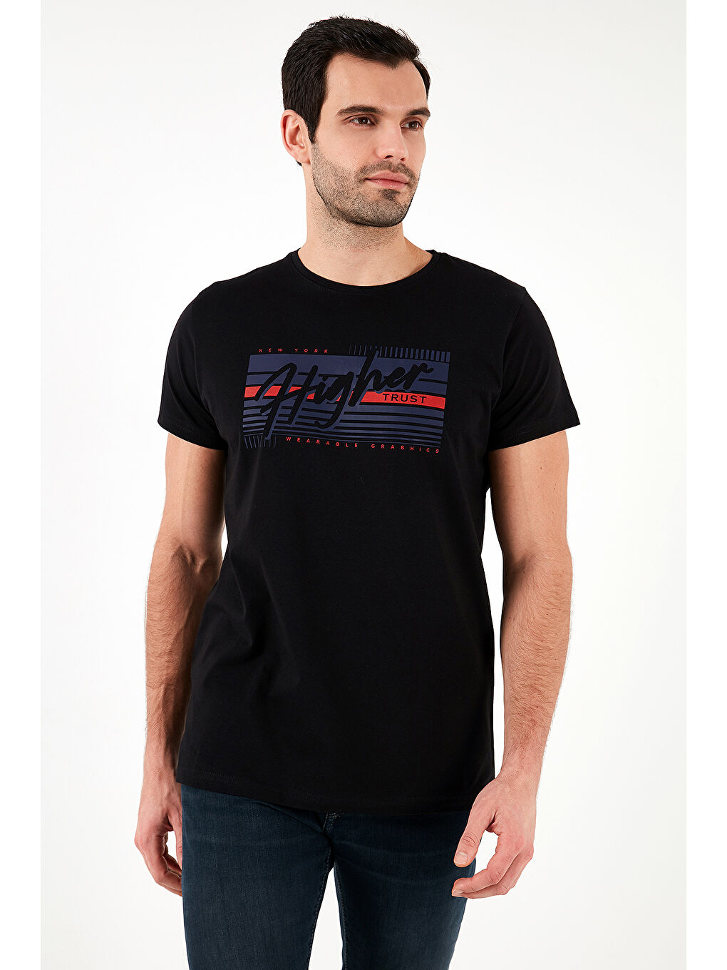 Siyah Pamuklu Slim Fit Bisiklet Yaka Baskılı %100 Pamuk Tişört 541HIGHER-3