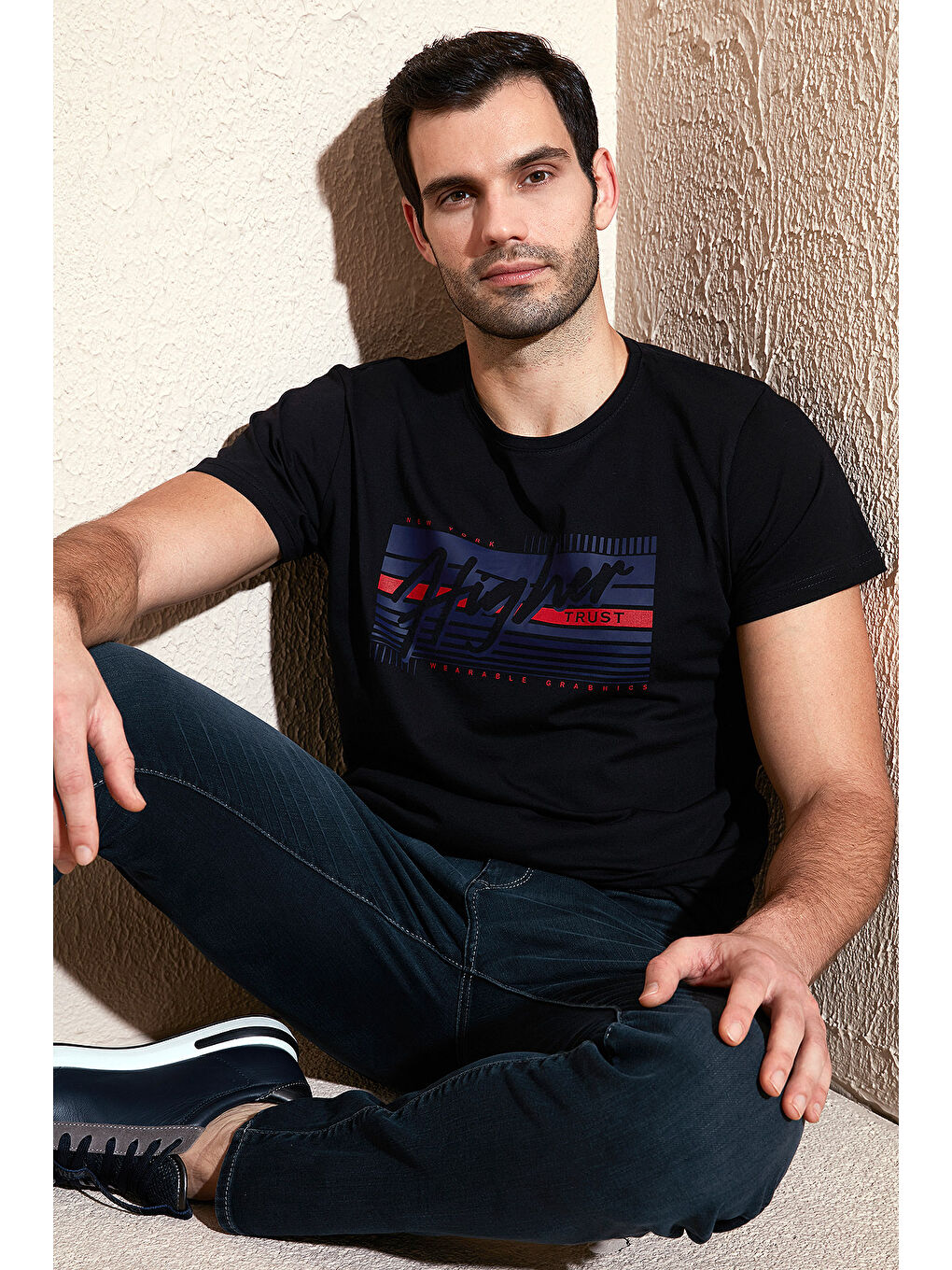 Siyah Pamuklu Slim Fit Bisiklet Yaka Baskılı %100 Pamuk Tişört 541HIGHER-4