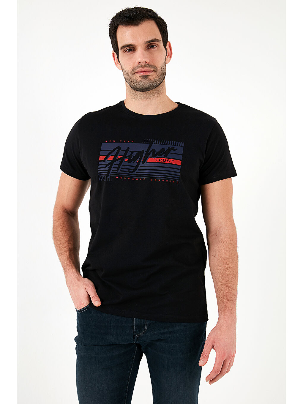 Siyah Pamuklu Slim Fit Bisiklet Yaka Baskılı %100 Pamuk Tişört 541HIGHER-5