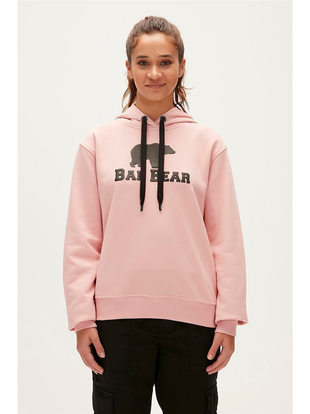 Bad Bear Pudra Pembe Logo Hoodie Pudra Pembe Kapüşonlu Baskılı  Kadın Swatshirt