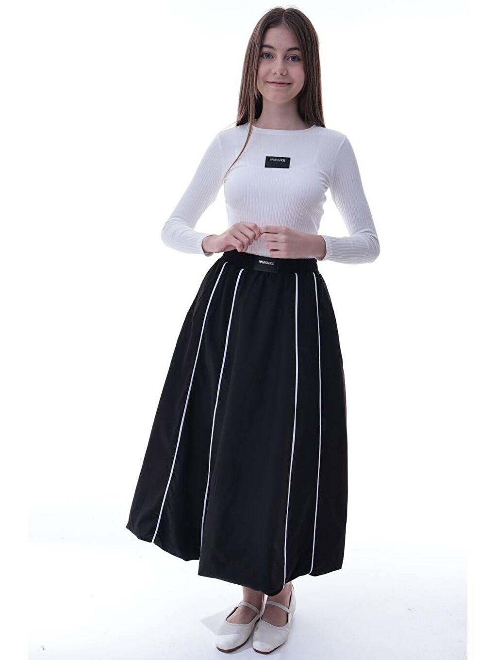 Kız Çocuk Şeritli Balon Etek Siyah-1