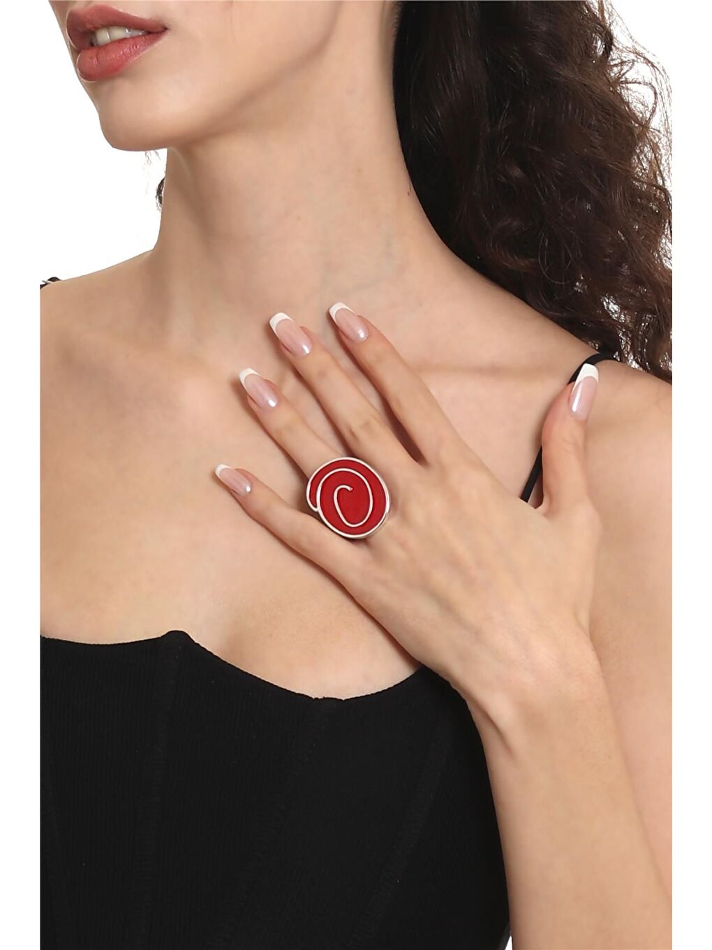 Kırmızı Kadın Gümüş Renk Lak Kaplama Ayarlanabilir Mineli Yüzük-1