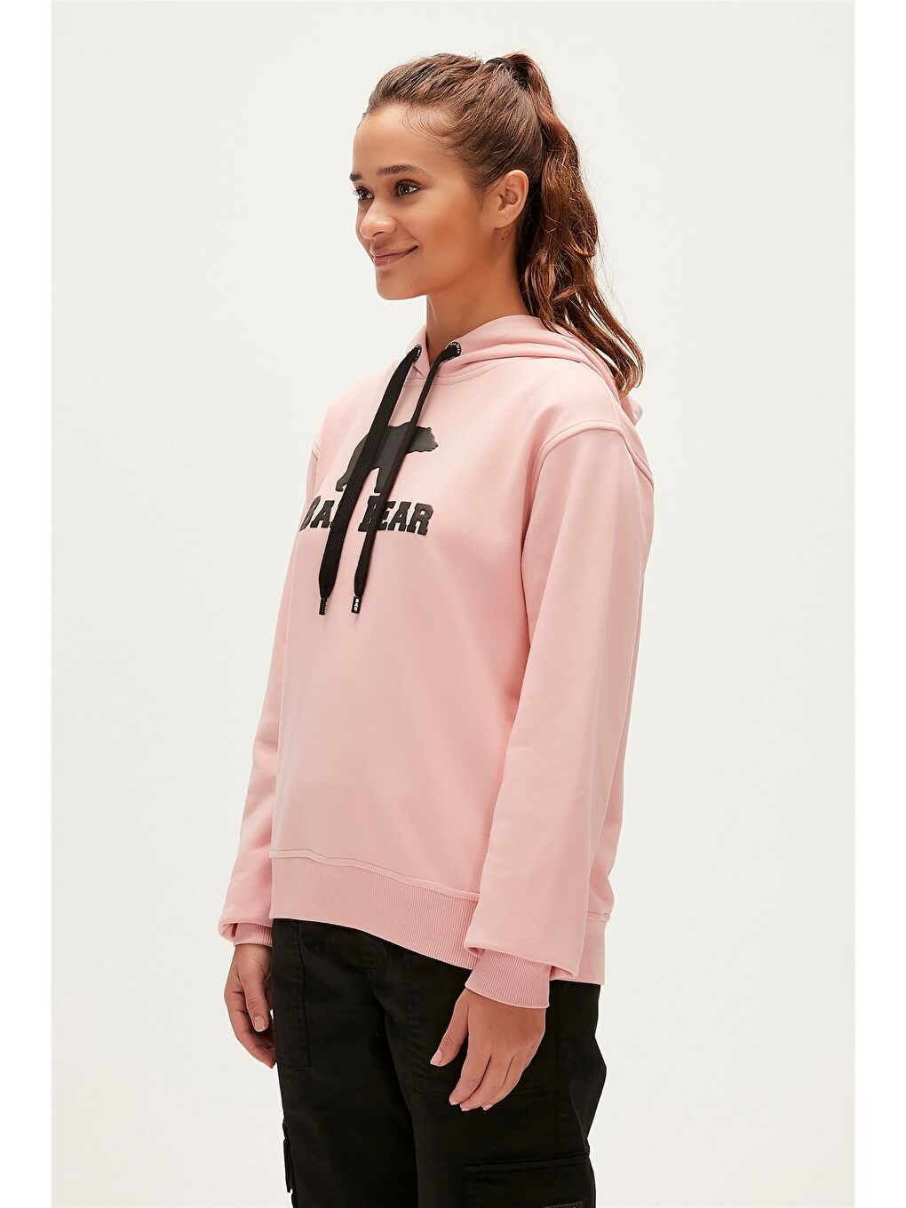 Bad Bear Pudra Pembe Logo Hoodie Pudra Pembe Kapüşonlu Baskılı  Kadın Swatshirt - 1