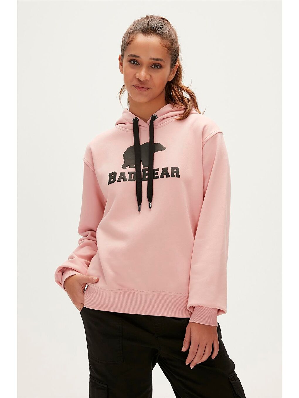 Bad Bear Pudra Pembe Logo Hoodie Pudra Pembe Kapüşonlu Baskılı  Kadın Swatshirt - 2