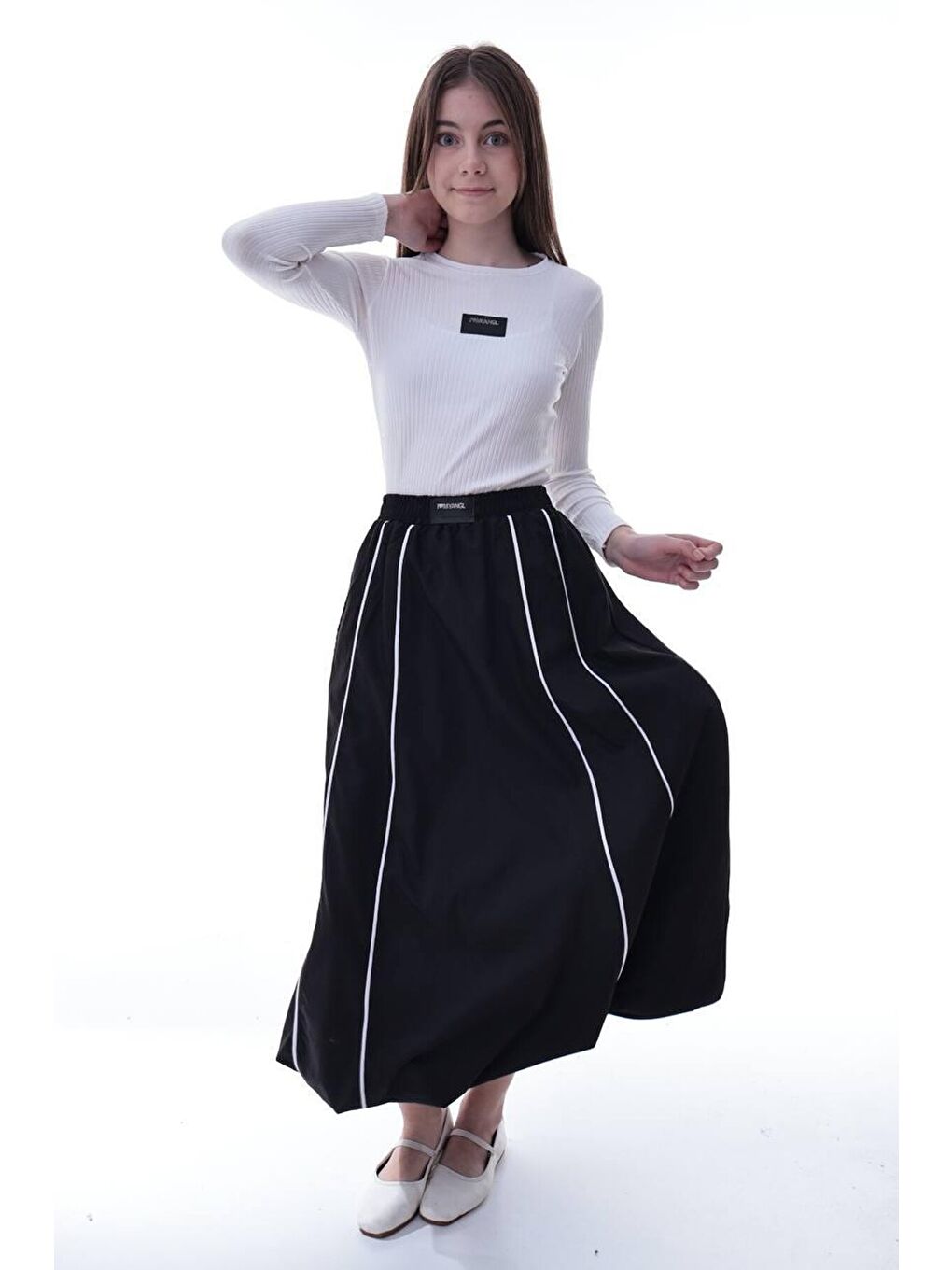 Kız Çocuk Şeritli Balon Etek Siyah-2