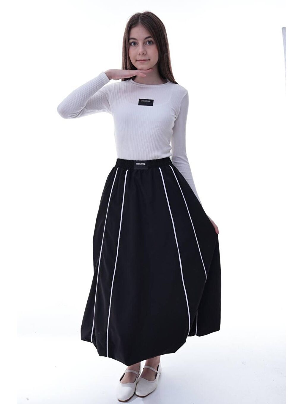 Kız Çocuk Şeritli Balon Etek Siyah-3