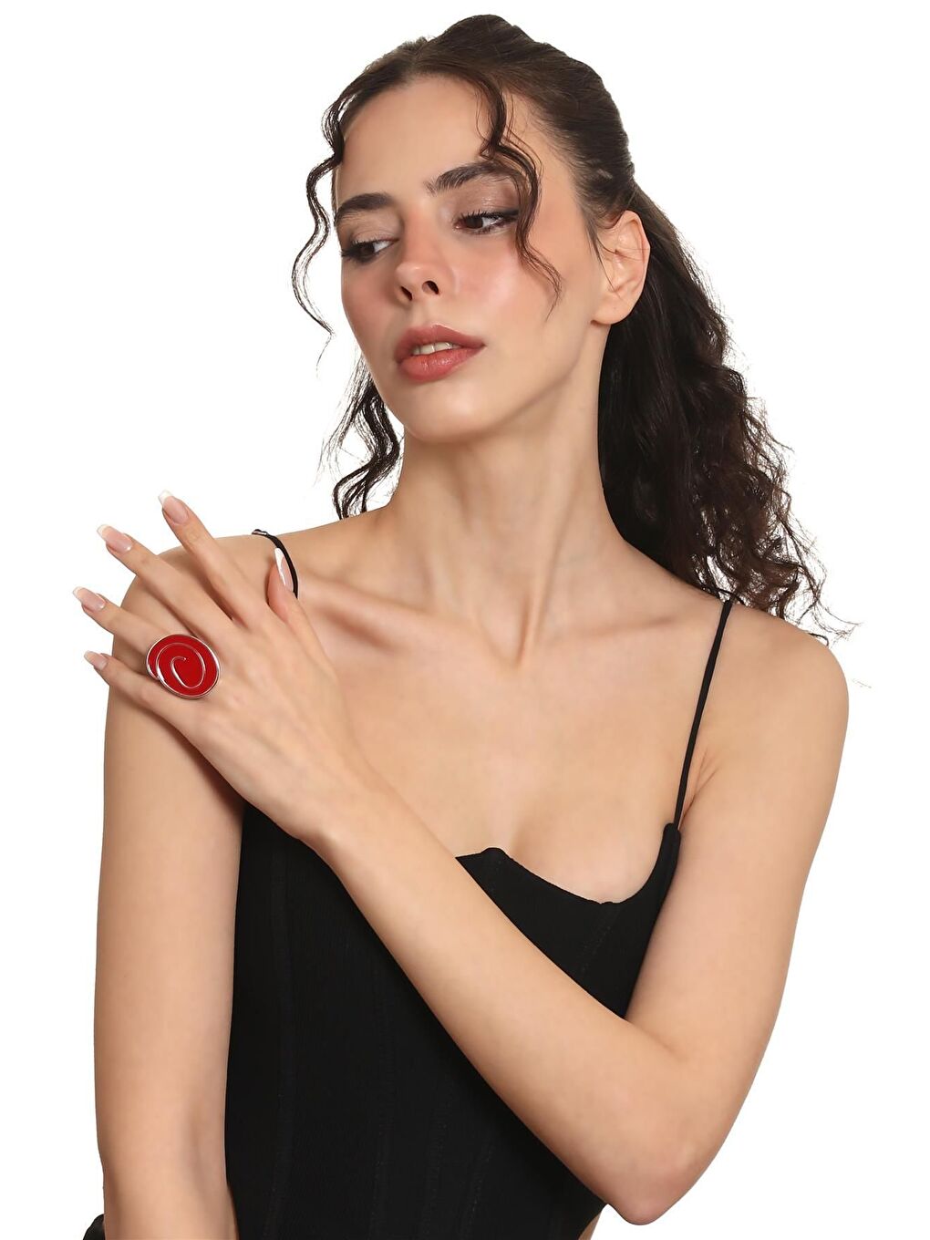 Kırmızı Kadın Gümüş Renk Lak Kaplama Ayarlanabilir Mineli Yüzük-2