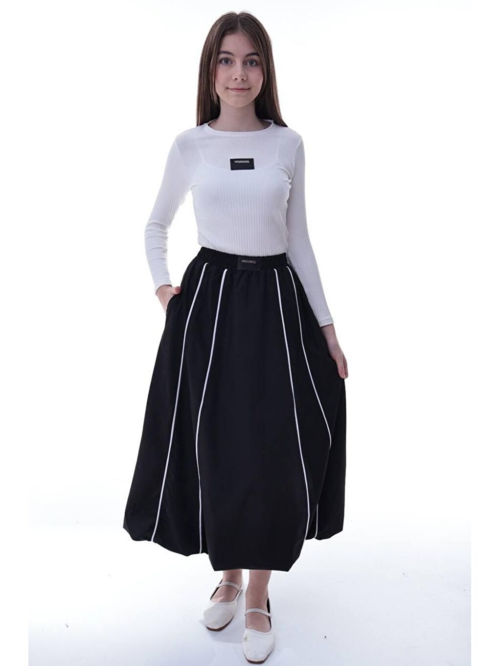 Kız Çocuk Şeritli Balon Etek Siyah-4