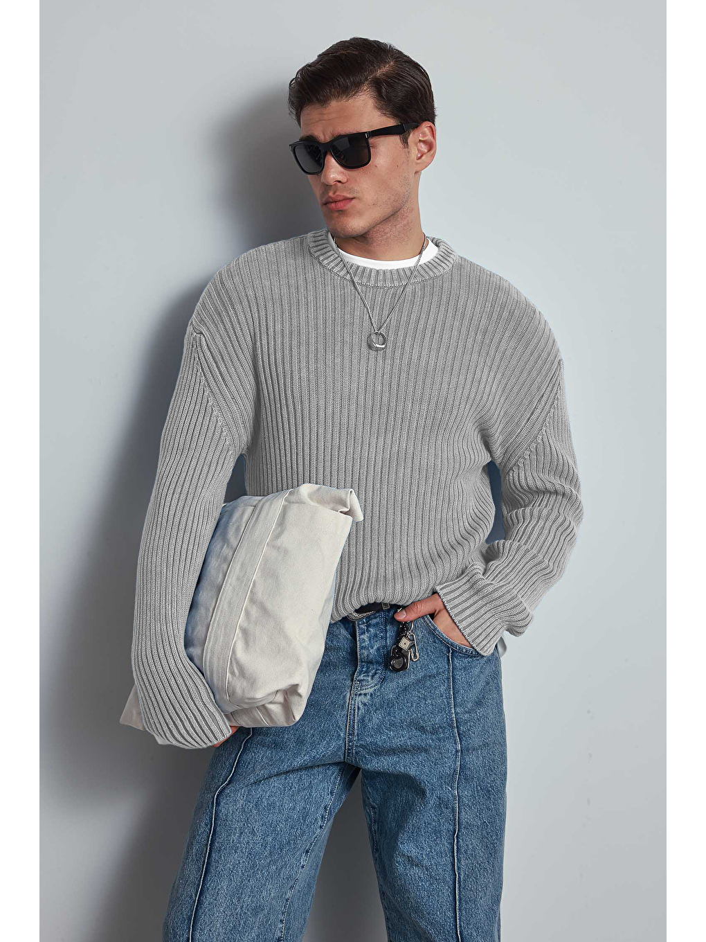 Erkek Oversize Yıkamalı Efektli Basic Kazak Gri-2