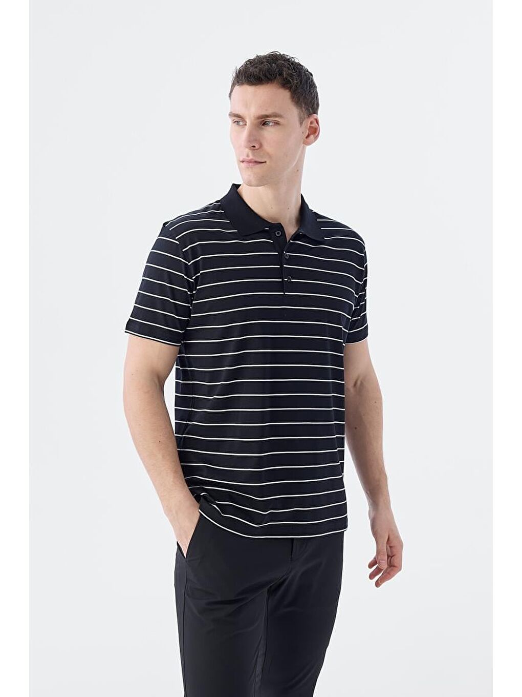 Siyah Slim Fit Çizgili %100 Pamuk Polo Yaka T-Shirt