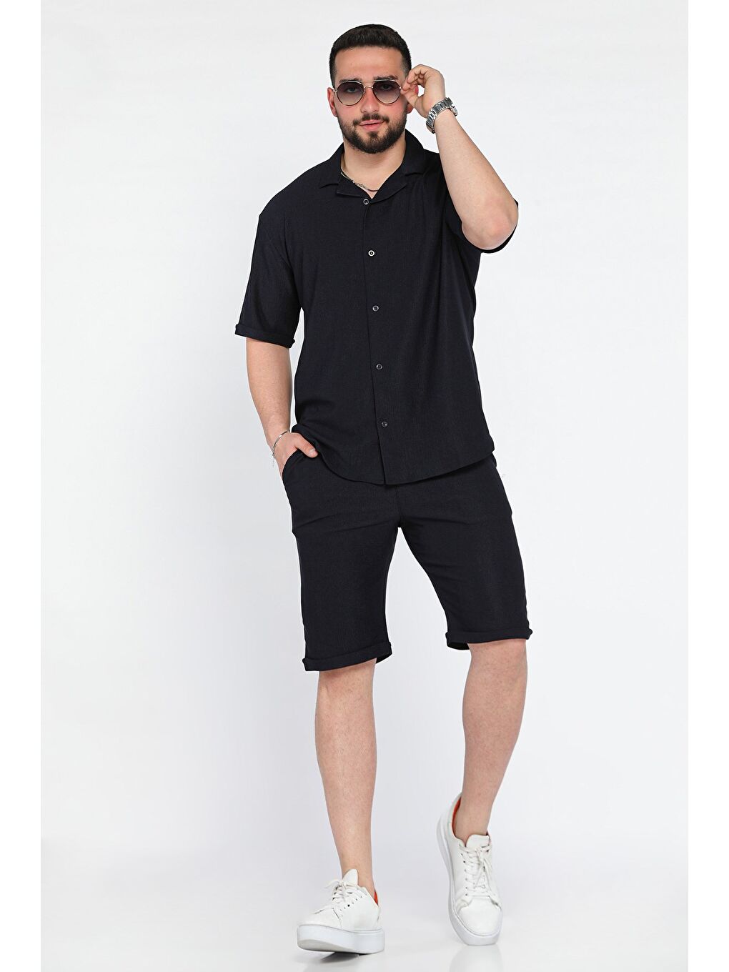 Lacivert Erkek Apaş Yaka Gömlek Şort İkili Takım