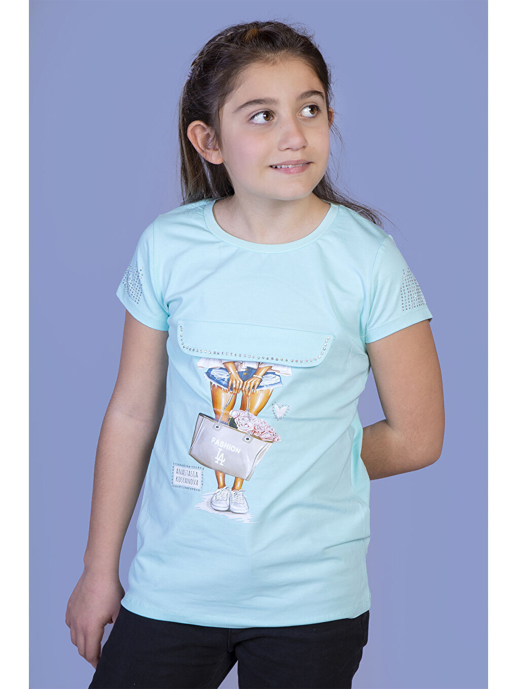 Turkuaz Kız Çocuk Baskılı Tişört-1