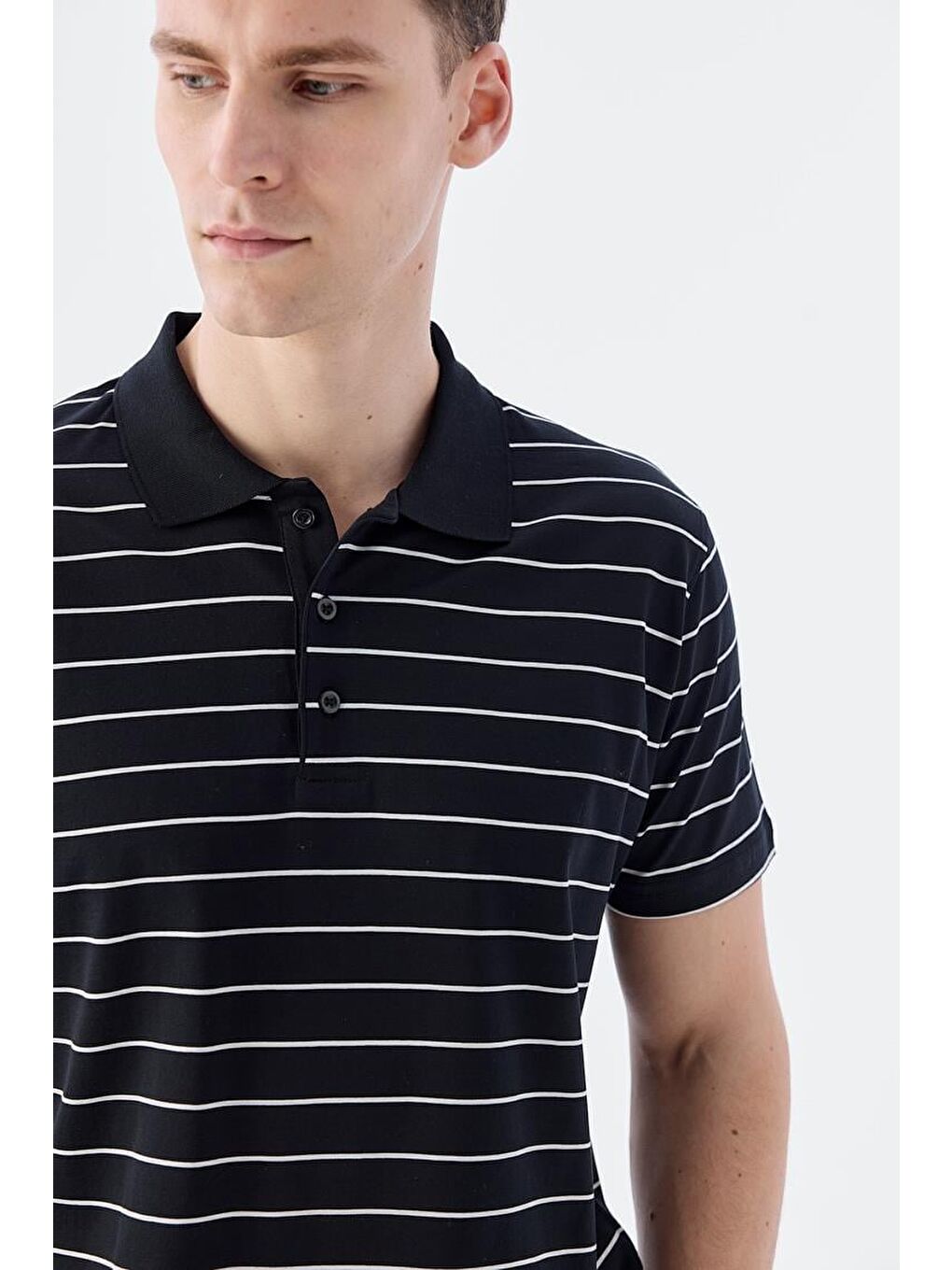 Siyah Slim Fit Çizgili %100 Pamuk Polo Yaka T-Shirt-2