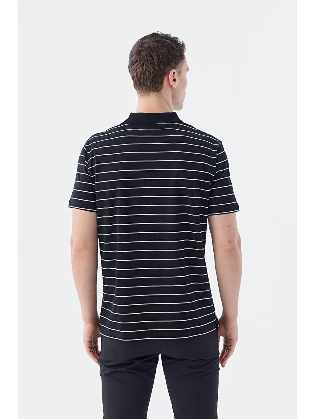 Siyah Slim Fit Çizgili %100 Pamuk Polo Yaka T-Shirt-3