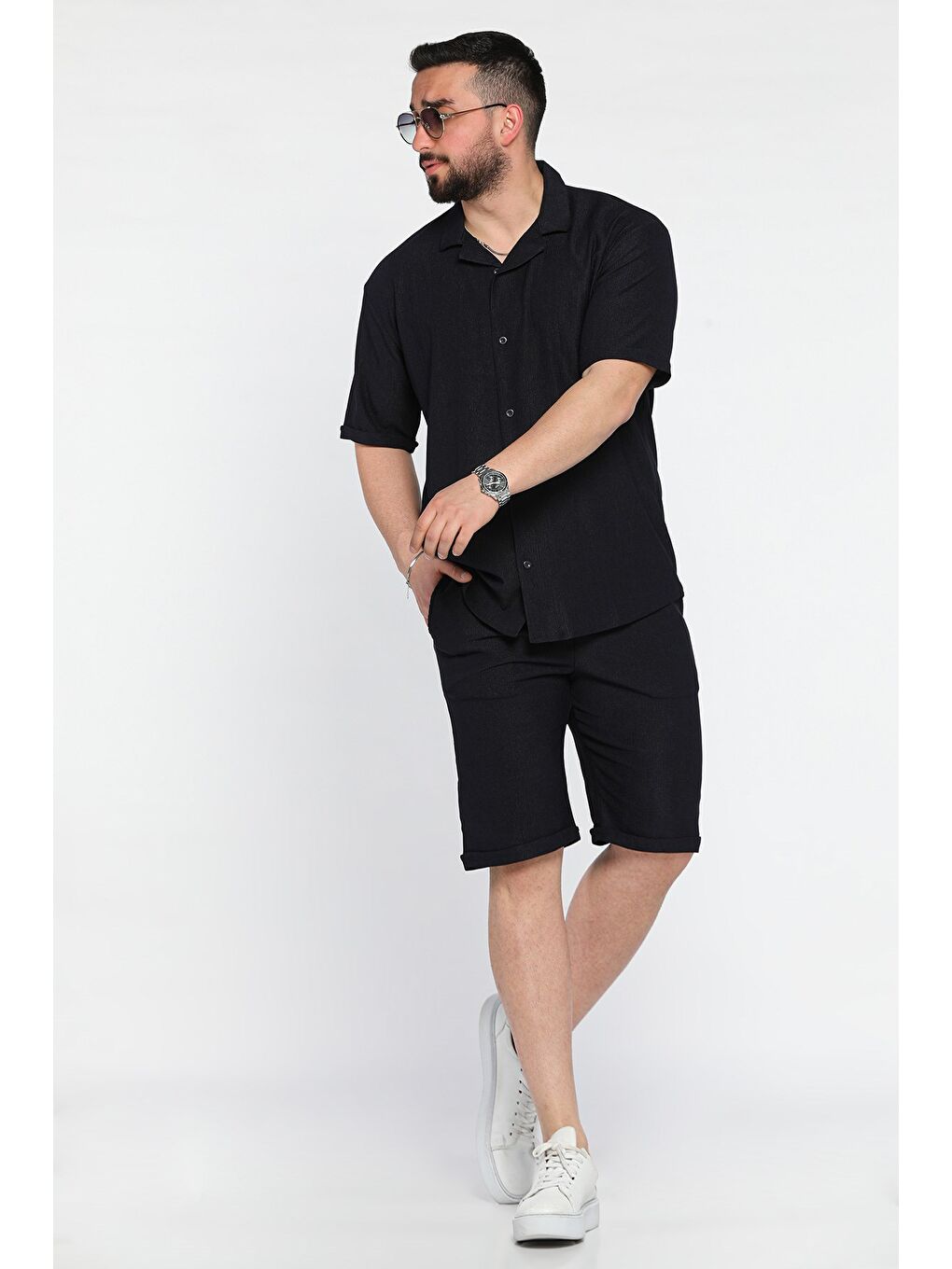 Lacivert Erkek Apaş Yaka Gömlek Şort İkili Takım-1