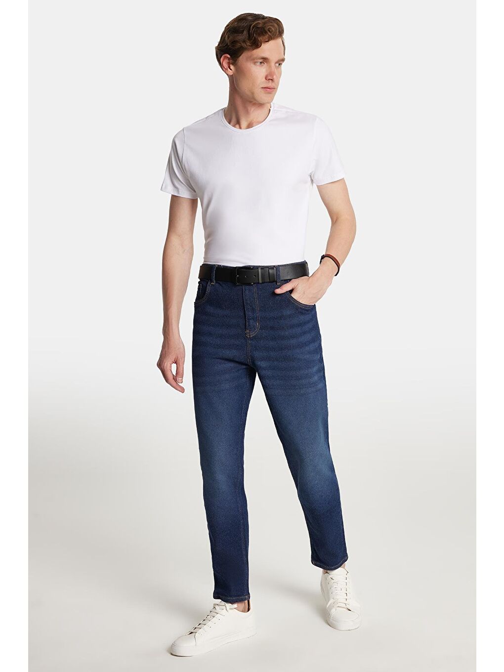 Erkek Regular Fit Bol Kesim Denim Yıkamalı Efektli Esnek Lacivert Jean Pantolon-2