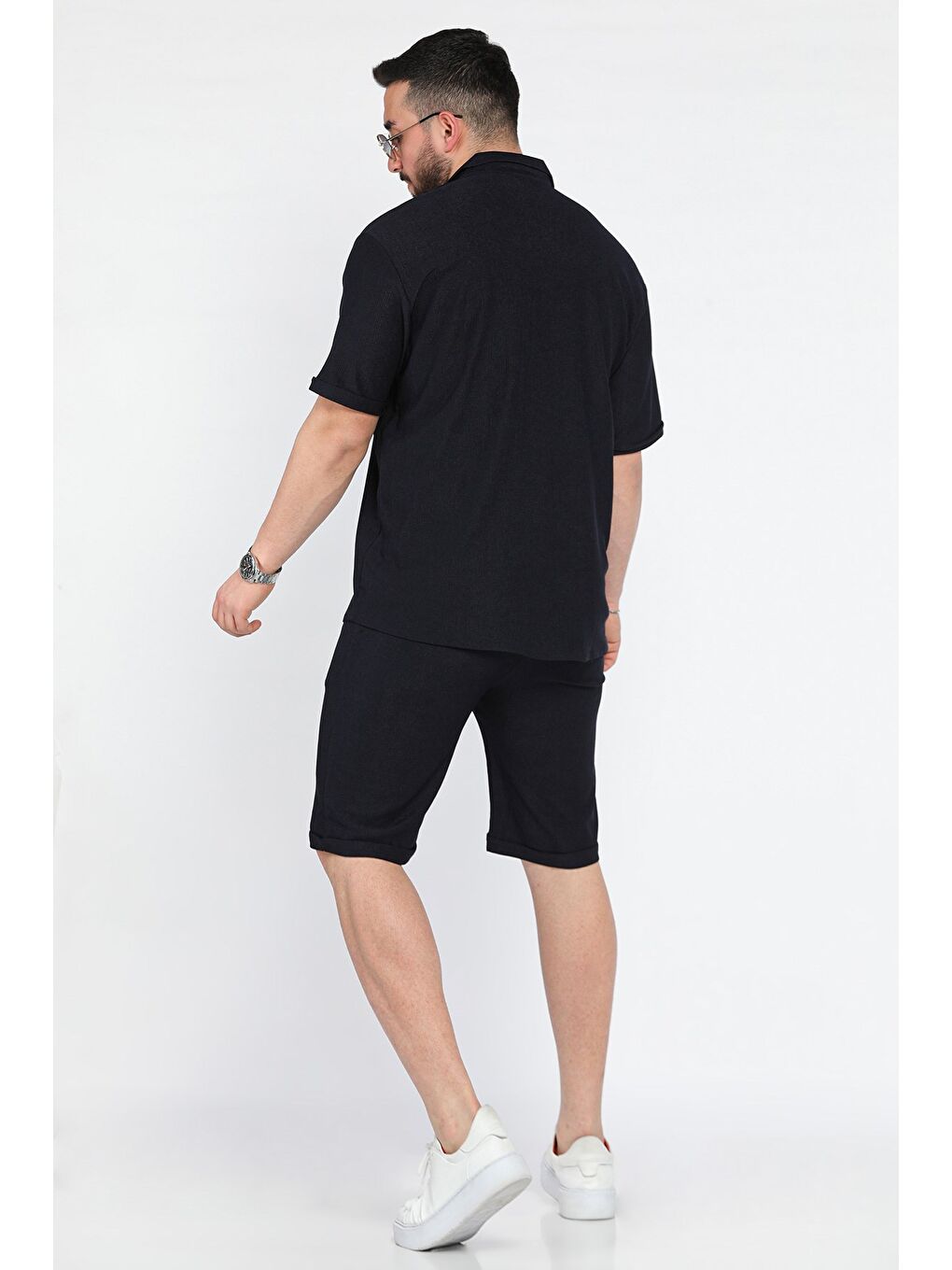 Lacivert Erkek Apaş Yaka Gömlek Şort İkili Takım-2