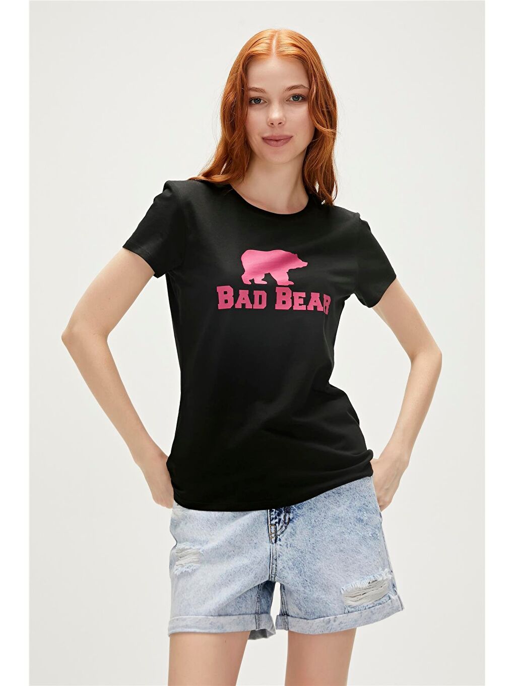 Bad Bear Siyah Logo Tee T-Shirt Siyah Pembe Baskılı Kadın Tişört