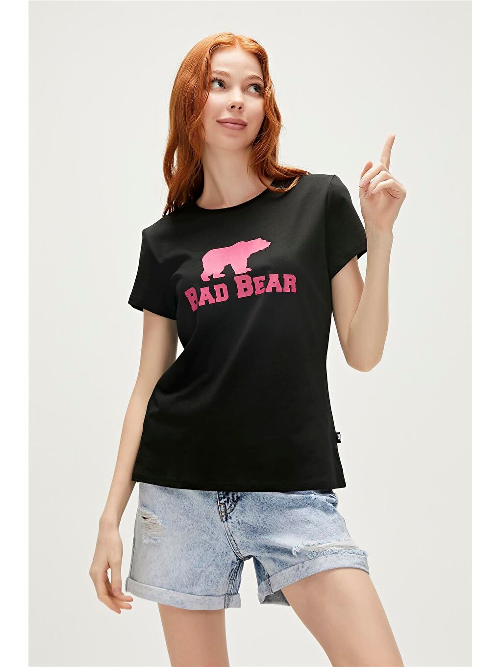 Bad Bear Siyah Logo Tee T-Shirt Siyah Pembe Baskılı Kadın Tişört - 1