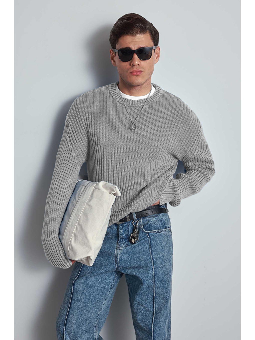 Erkek Oversize Yıkamalı Efektli Basic Kazak Gri-3