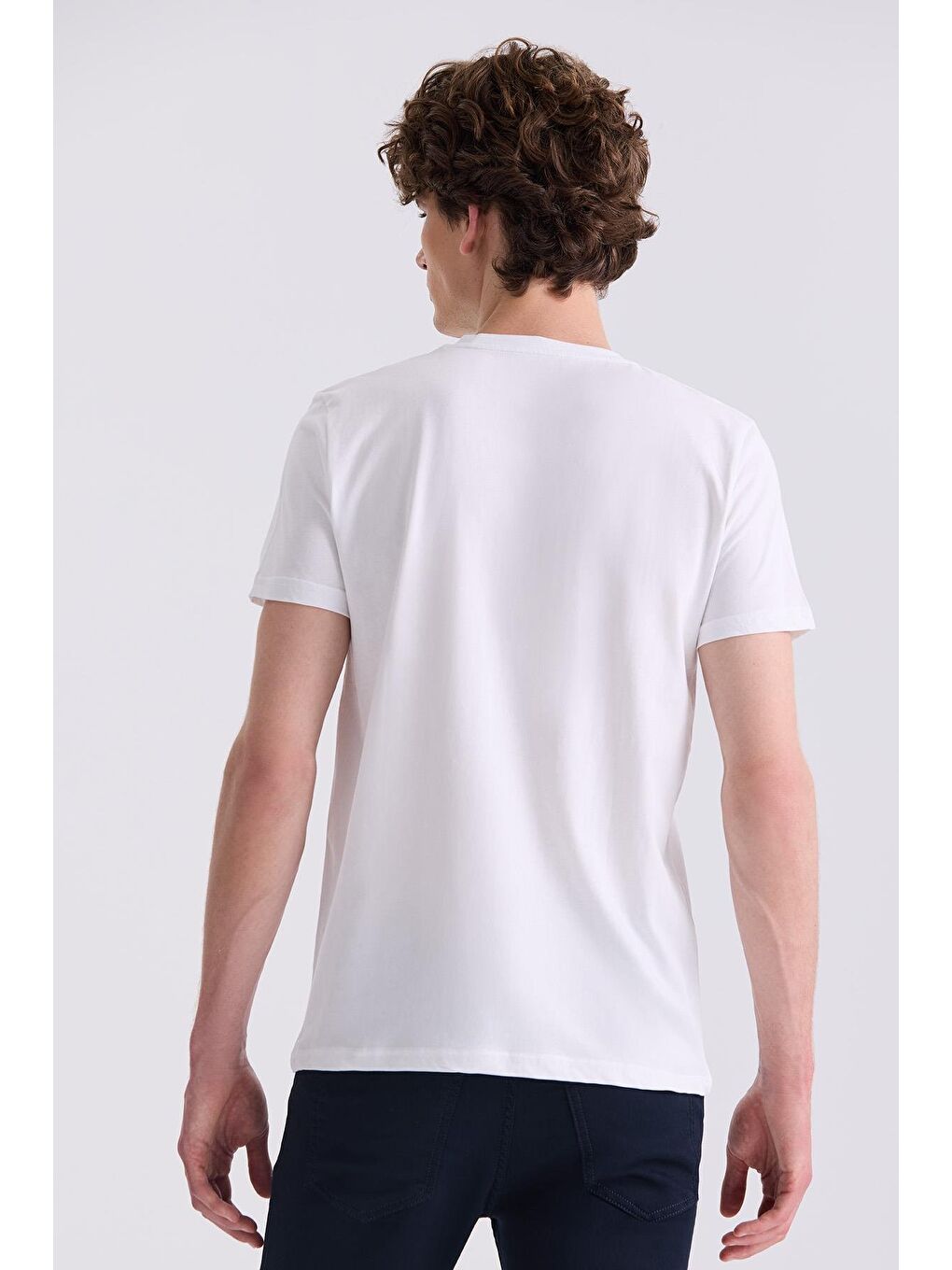 Beyaz Slim Fit Baskılı Bisiklet  Yaka T-Shirt-3