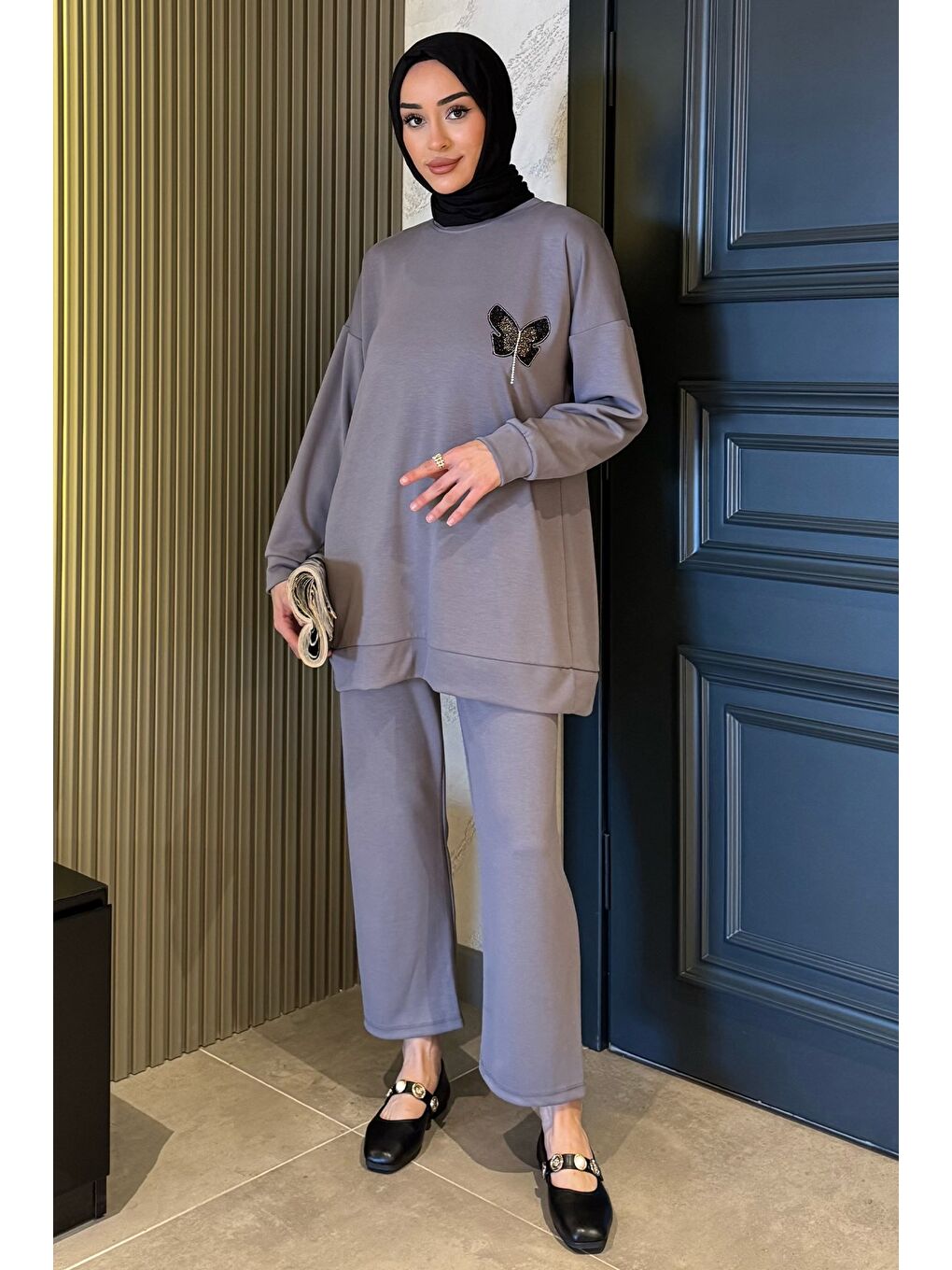 Gri Büyük Beden Kelebek Taşlı Tesettür Tunik Pantolon İkili Takım-2