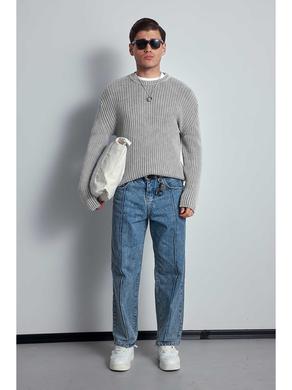 Erkek Oversize Yıkamalı Efektli Basic Kazak Gri-4