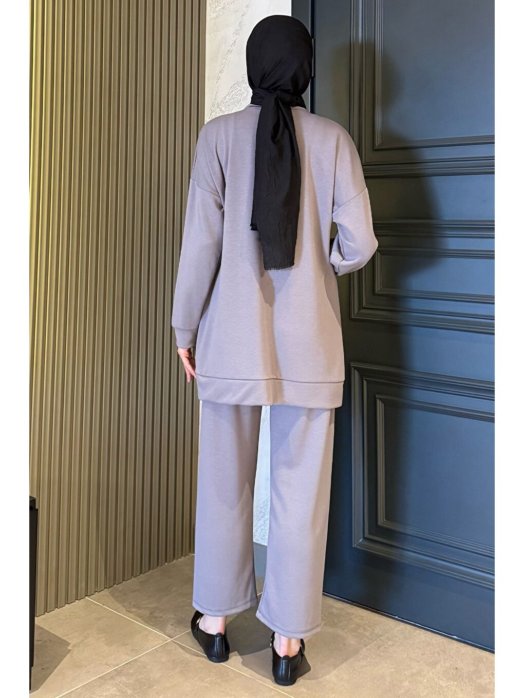 Gri Büyük Beden Kelebek Taşlı Tesettür Tunik Pantolon İkili Takım-6